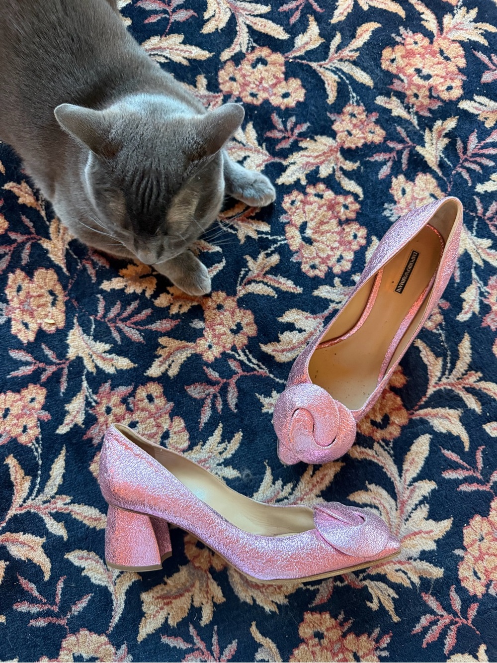 Emporio Armani Pink Glitter Block Heel Pumps with Decorative Knot